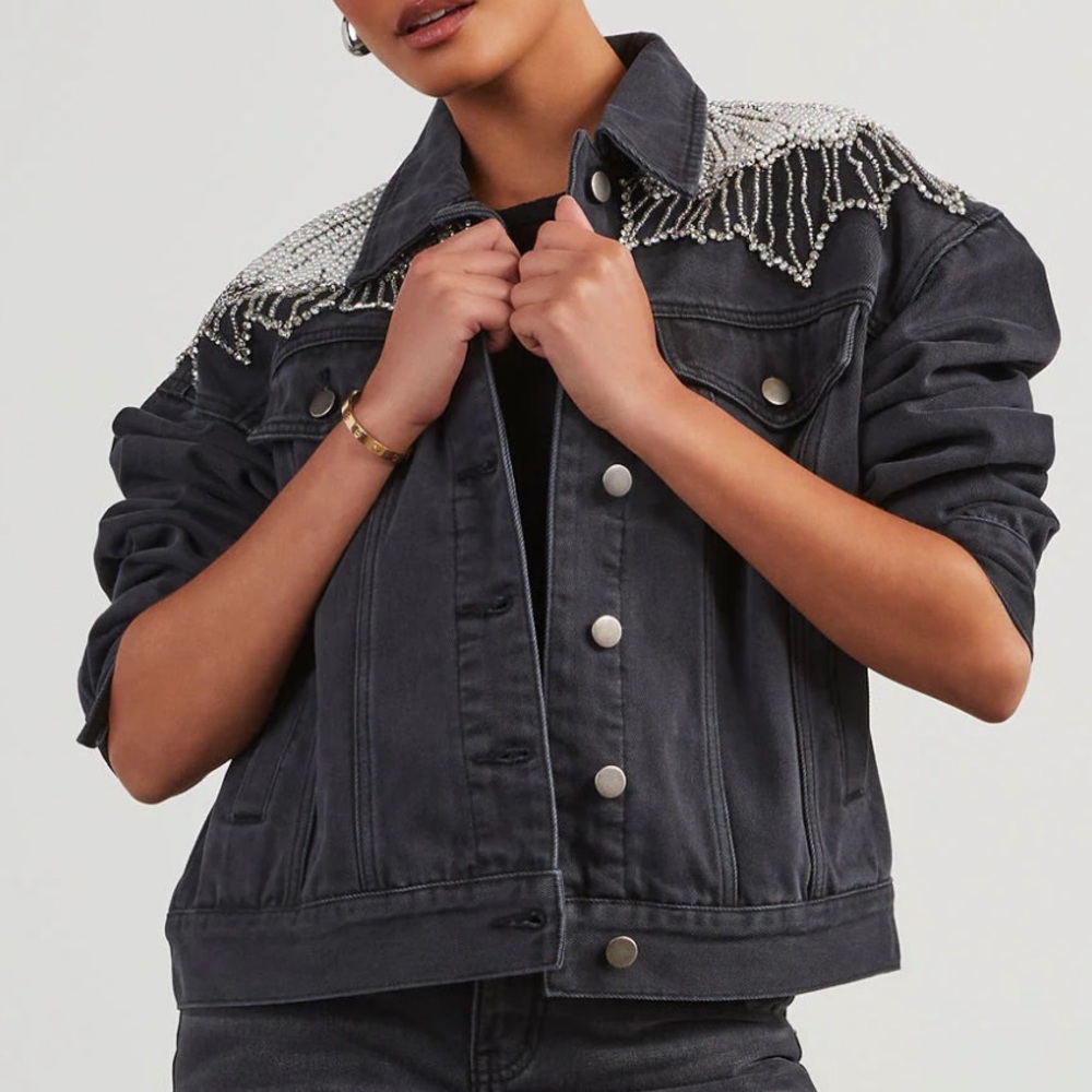 Vici Black Denim Jacket with Rhinestone Accents